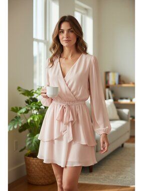 City Studio Women’s Blush Pink Long Sleeve Dress Size L Tie Waist Ruffle